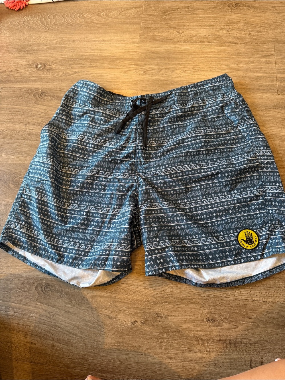 Body Glove Navy Patterned Swim Trunks with Black Drawstring and Yellow Patch
